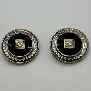Vintage Art Deco Black Buttons 1"Acrylic Center Rhinestone Metal Ring Back
